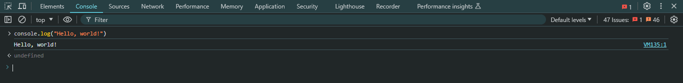 Screenshot of a browser console displaying the output of the JavaScript command `console.log("Hello, world!")`. The output is "Hello, world!", followed by "undefined".