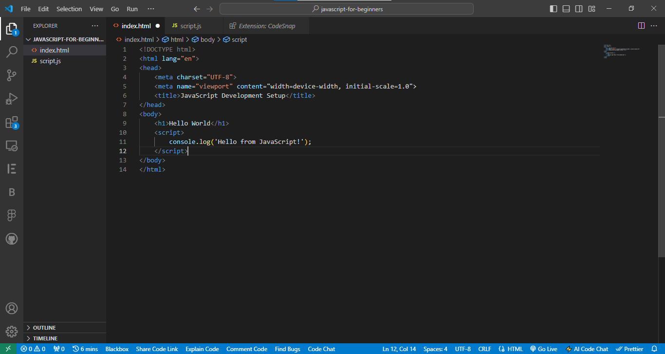 Screenshot of Visual Studio Code displaying an HTML file with embedded JavaScript on line 11. The HTML file includes a "Hello World" heading and a script that logs "Hello from JavaScript!" to the console. The file structure and various options are visible in the left sidebar.