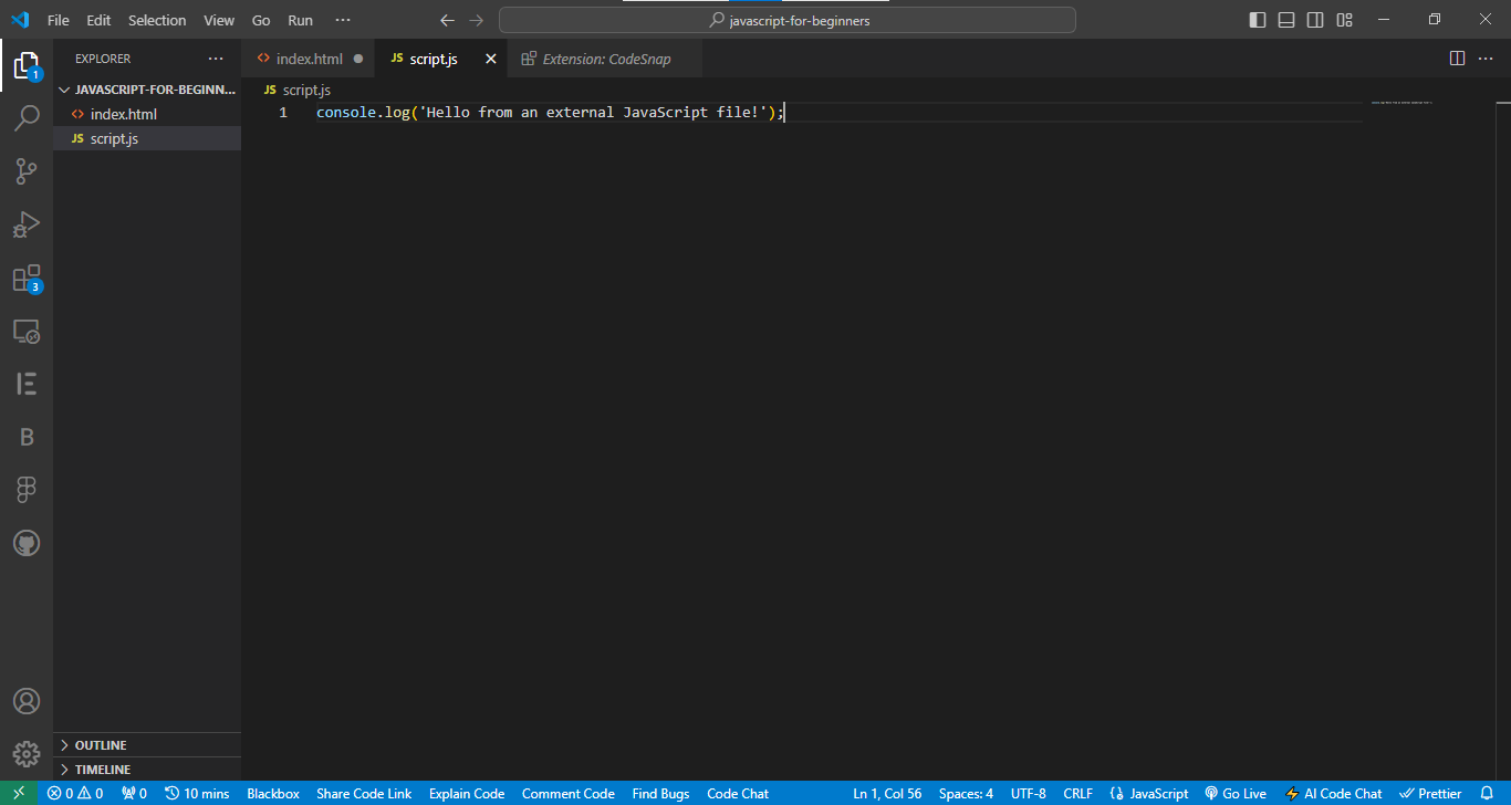 A Visual Studio Code window with a JavaScript file named "script.js" open. The code editor displays a single line: `console.log('Hello from an external JavaScript file!');`. The file explorer on the left shows an HTML file named "index.html" and the JavaScript file "script.js" under a folder named "JAVASCRIPT-FOR-BEGINNERS".