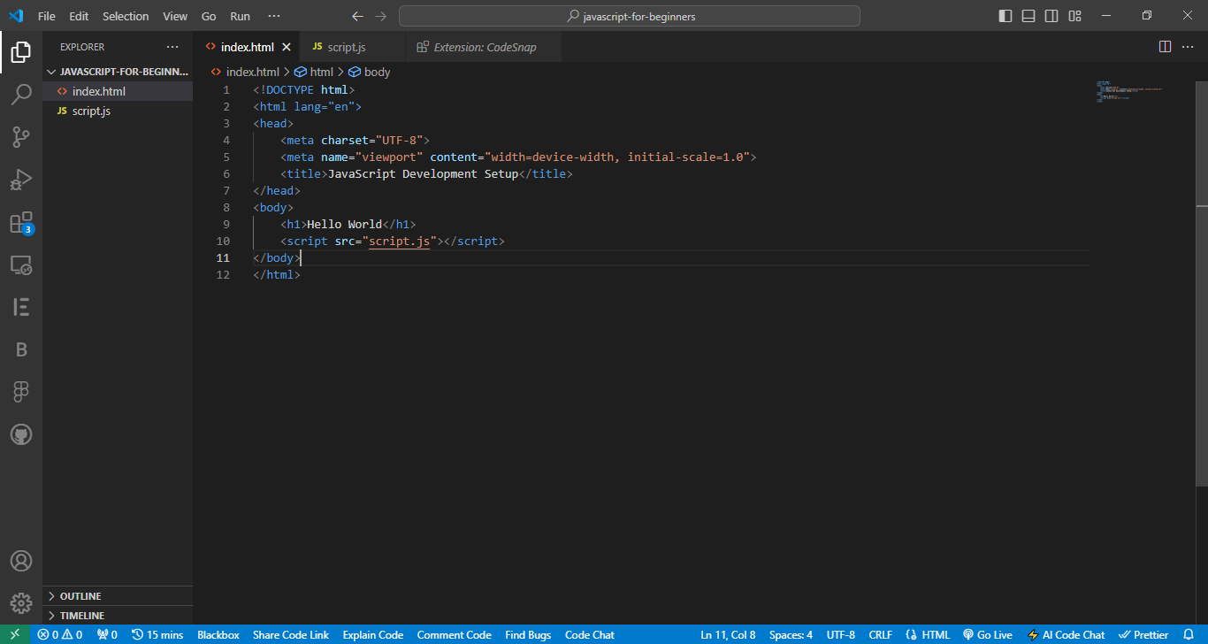 Screenshot of the Visual Studio Code editor showing the content of an 'index.html' file. The HTML file includes a basic structure with a "Hello World" heading and a link to an external JavaScript file 'script.js'. The explorer panel on the left lists two files: 'index.html' and 'script.js'.