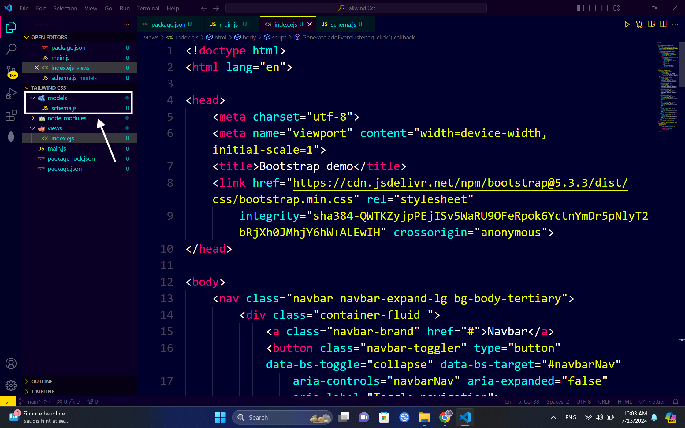 A Visual Studio Code interface displaying HTML code. The HTML document includes Bootstrap integration with meta tags, link tags, and a navigation bar within the body. The file structure is visible on the left-hand side, highlighting the file "schema.js" under the "models" folder.