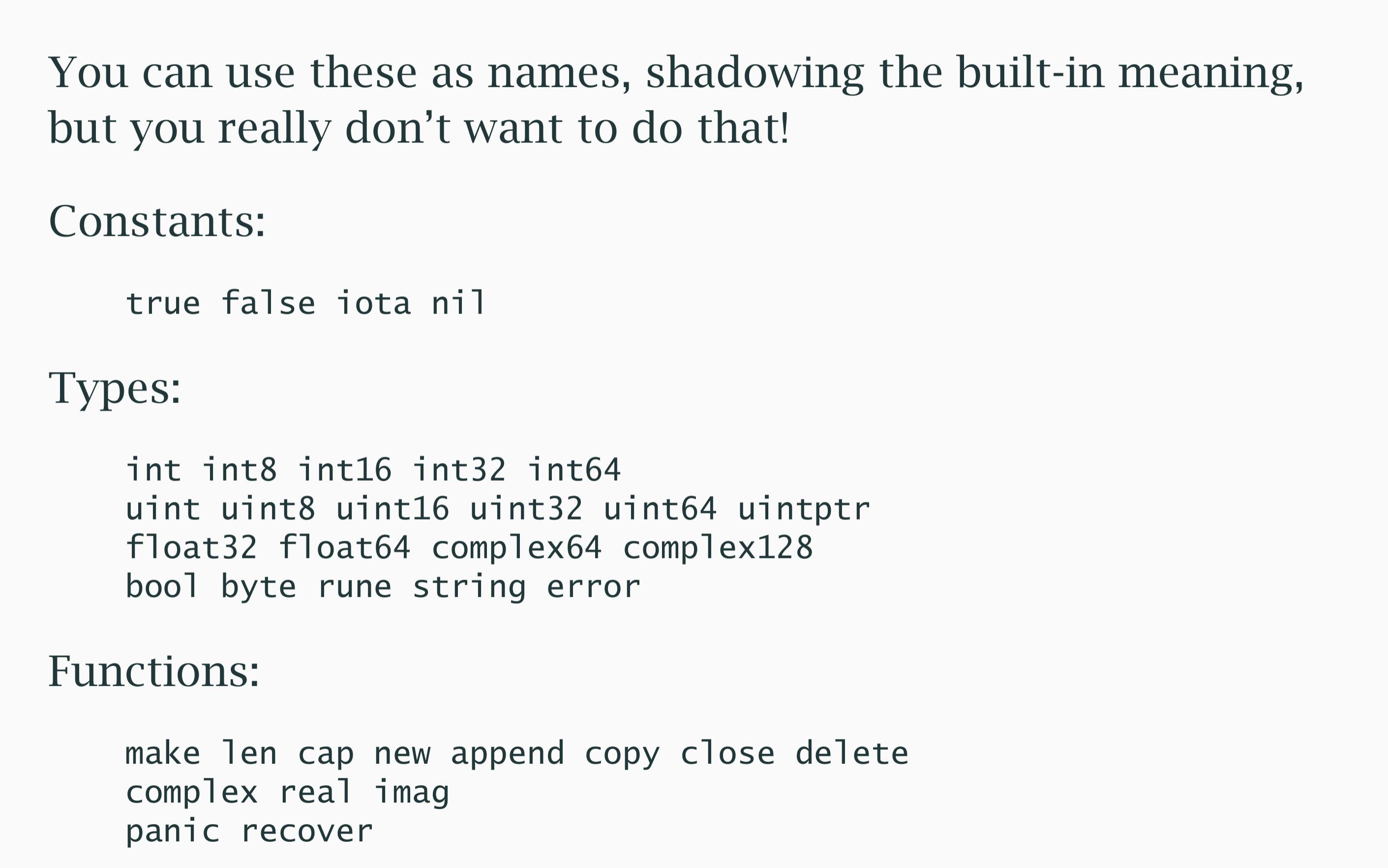 List of Go constants, types, and functions with a note on name shadowing.