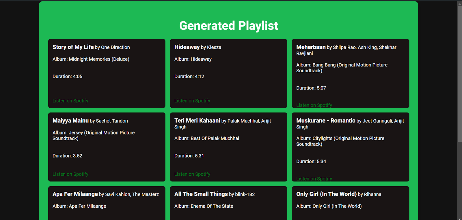 A generated playlist page displaying ten songs with details including titles, artists, album names, and durations. Each song has an option to listen on Spotify. The background is green with black song details panels.