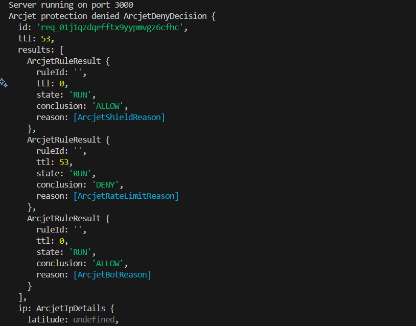 Screenshot of a server log showing the status of Arcjet protection decisions.