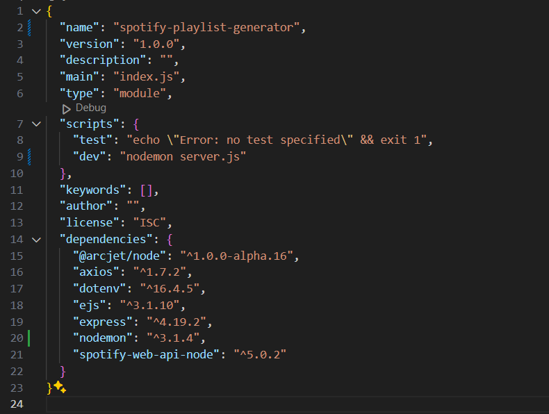 A JSON configuration file named "package.json" contains metadata for a project called "spotify-playlist-generator."