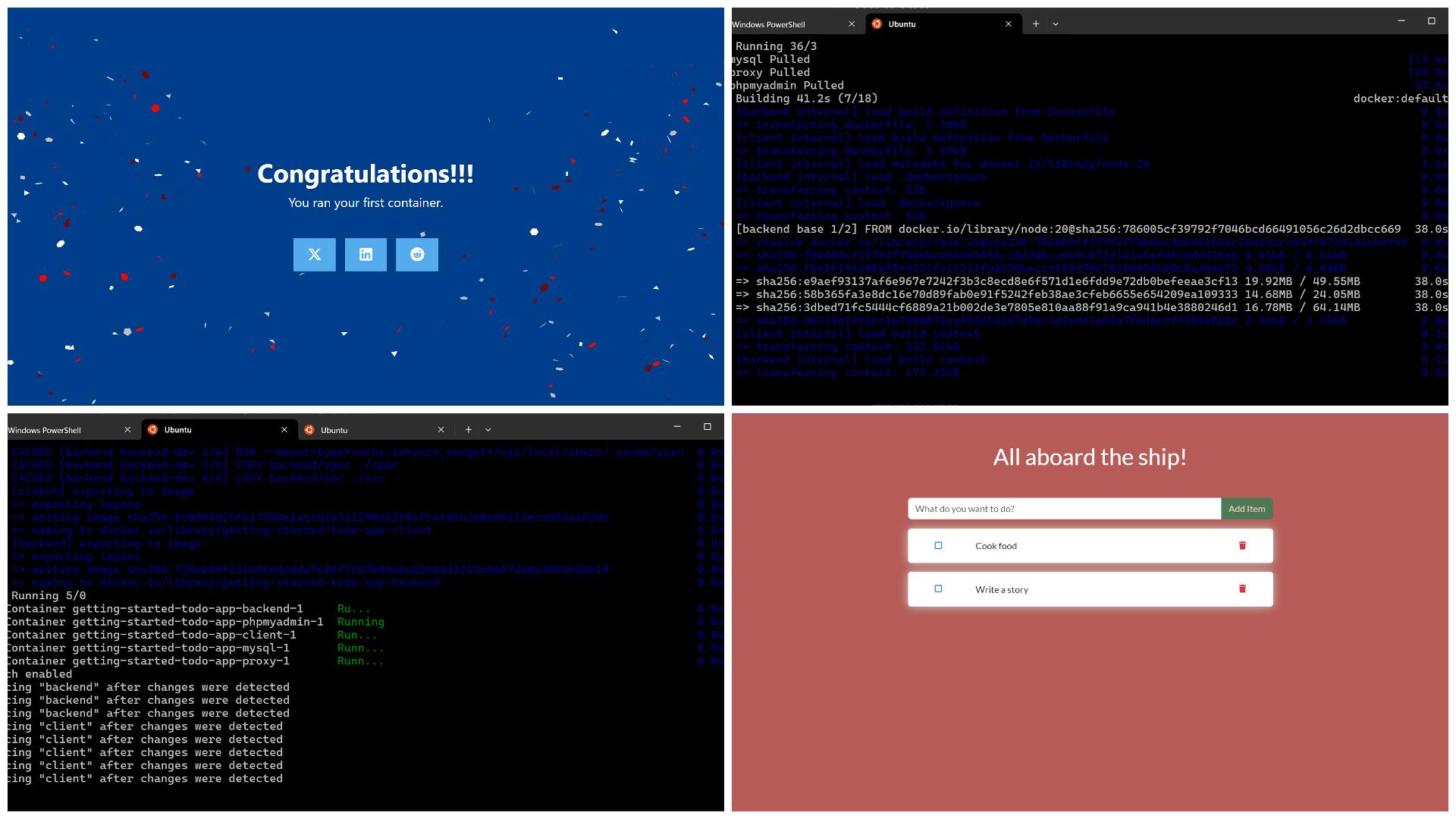 Images of running container applications and some terminal commands 