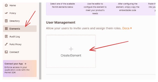 Screenshot of a user interface showing a sidebar menu on the left with items such as "Home," "Policy," "Directory," and "Elements," among others. The "Elements" menu item is highlighted. To the right, under "User Management," there is an option to "Create Element." Two red arrows point to "Elements" and "Create Element."