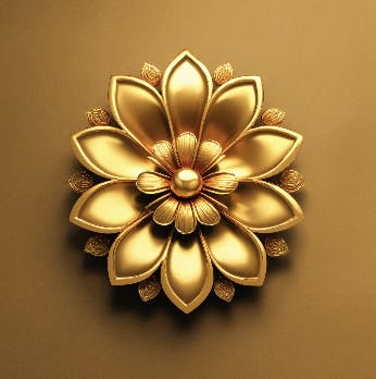 A golden, intricately designed flower with layered petals on a gold background.