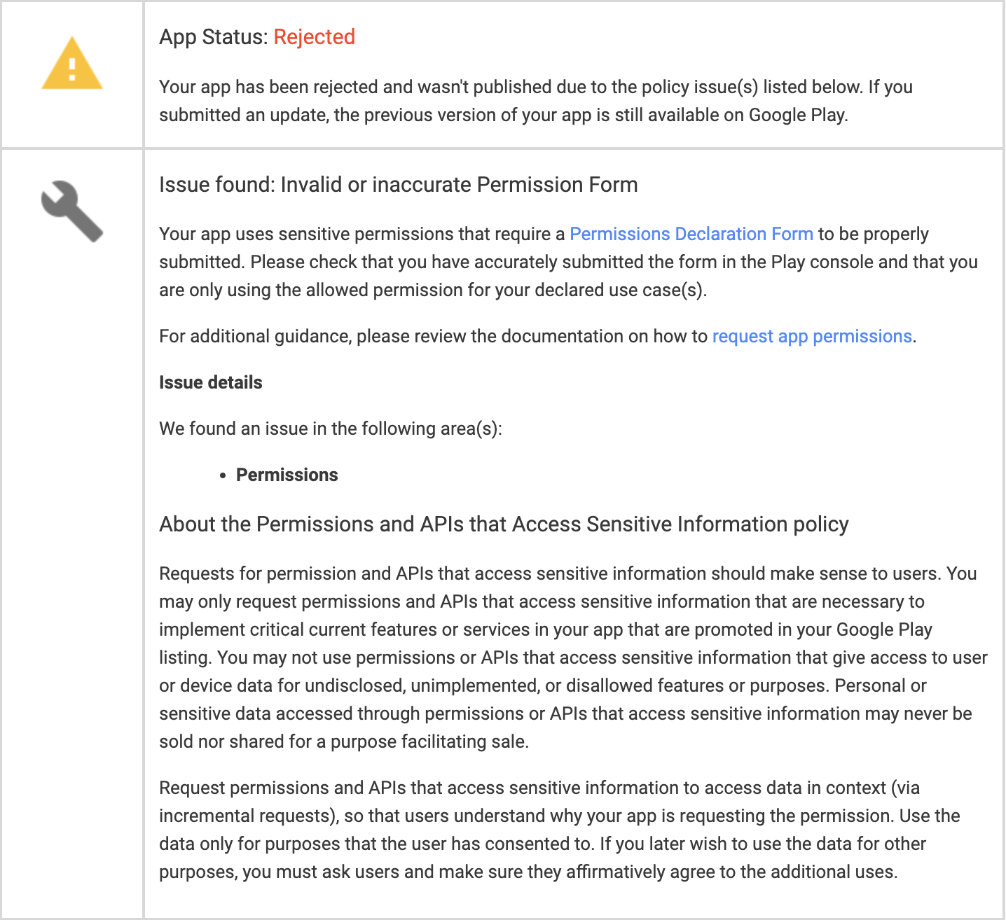 App Rejection due to invalid or inaccurate permissions