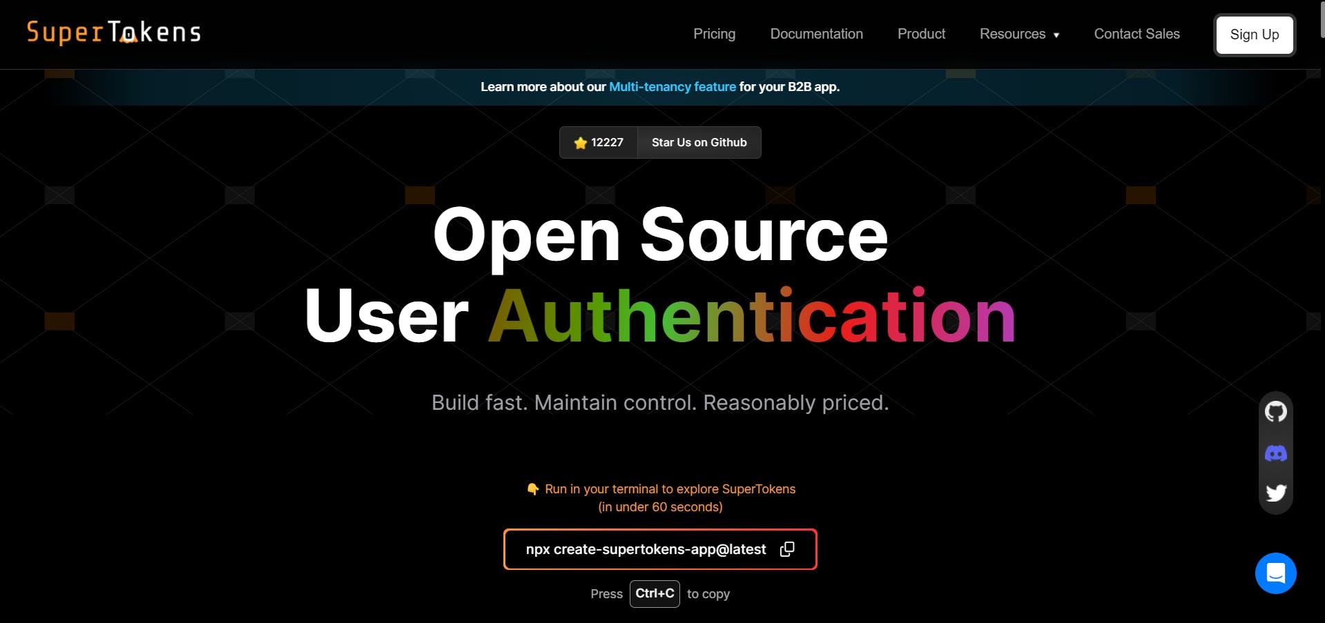 Website for SuperTokens, an open-source user authentication solution. It features a command to set up SuperTokens in a terminal, social media icons, and call-to-action buttons. The text reads, "Open Source User Authentication. Build fast. Maintain control. Reasonably priced."