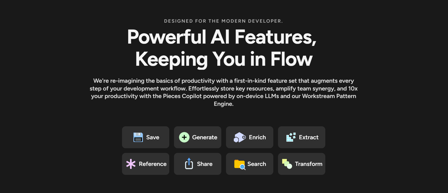 "Screenshot highlighting AI features for developers, mentioning productivity enhancements and tools like Save, Generate, Enrich, Extract, Reference, Share, Search, and Transform."