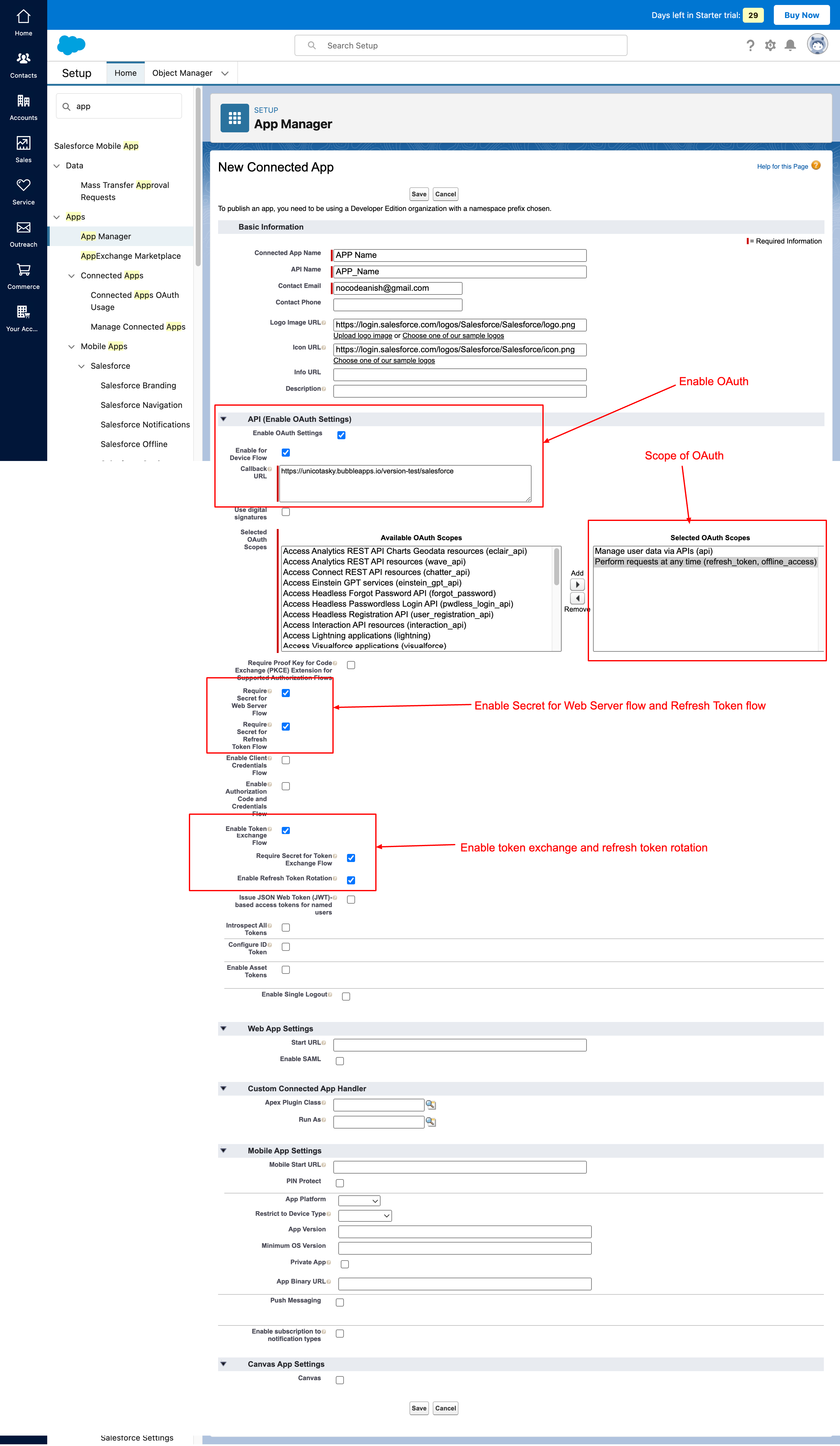 Enable OAuth and define scope in salesforce connected app