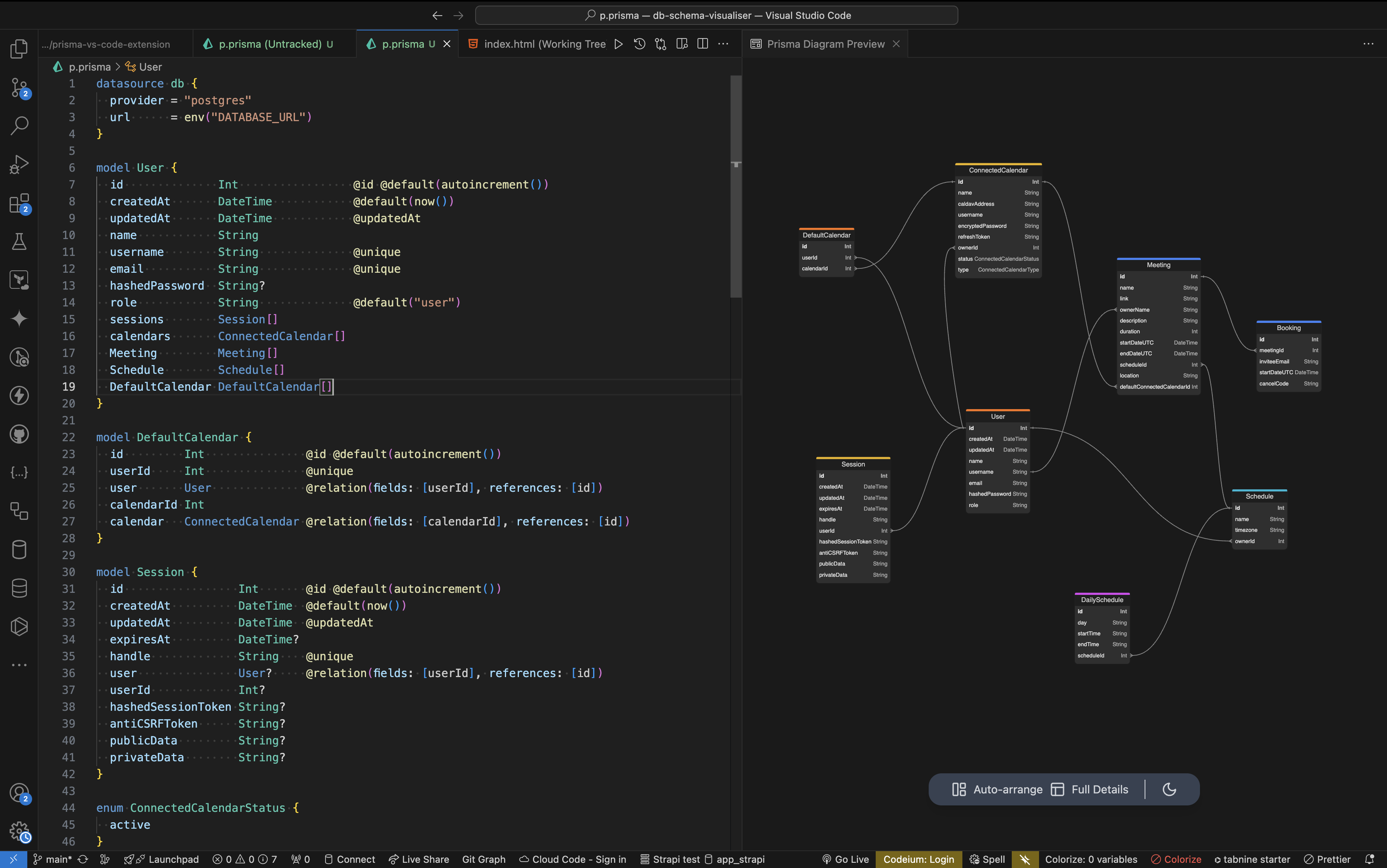 Visualize the entity relationship diagram from Prisma code in the VsCode editor