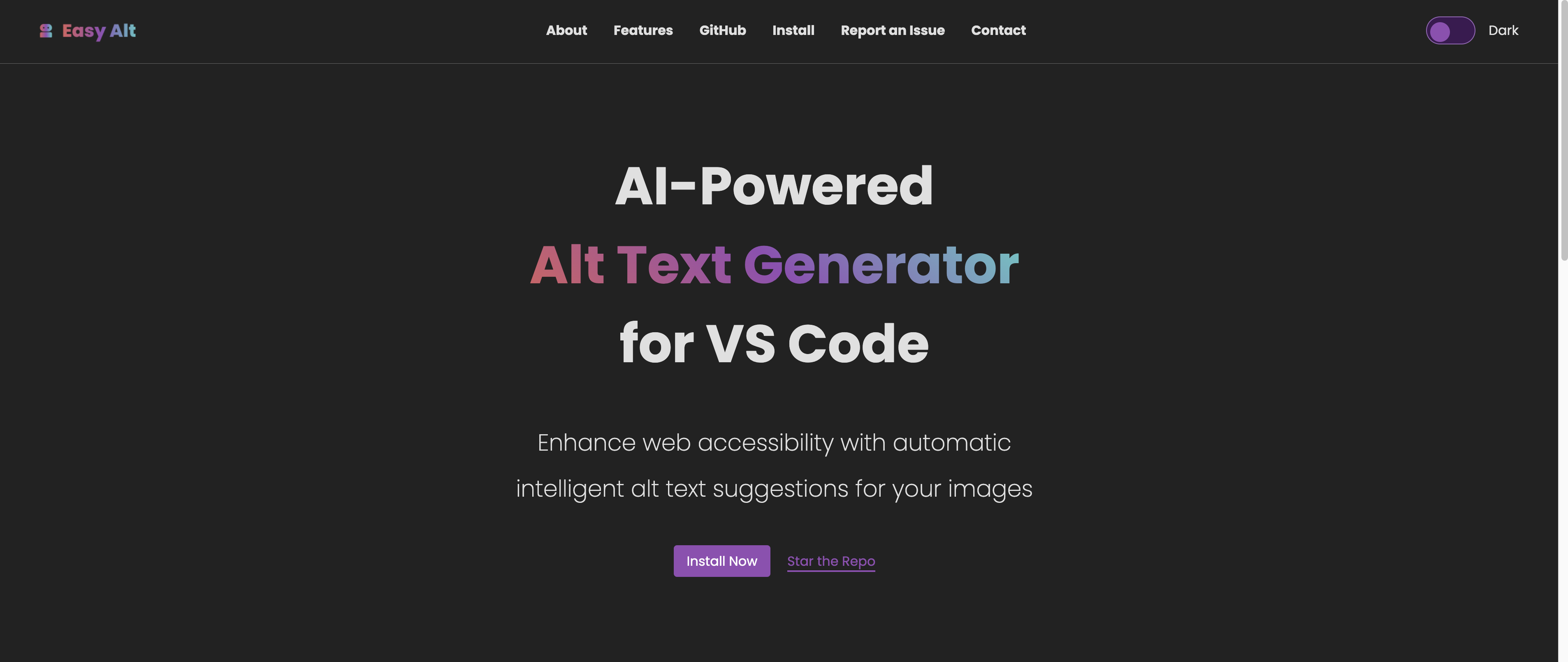 Dark-themed webpage for "Easy Alt," an AI-powered alt text generator for VS Code. Features include options like "Install Now" and "Star the Repo," along with links to About, Features, GitHub, Install, Report an Issue, and Contact. A switch toggles dark mode.