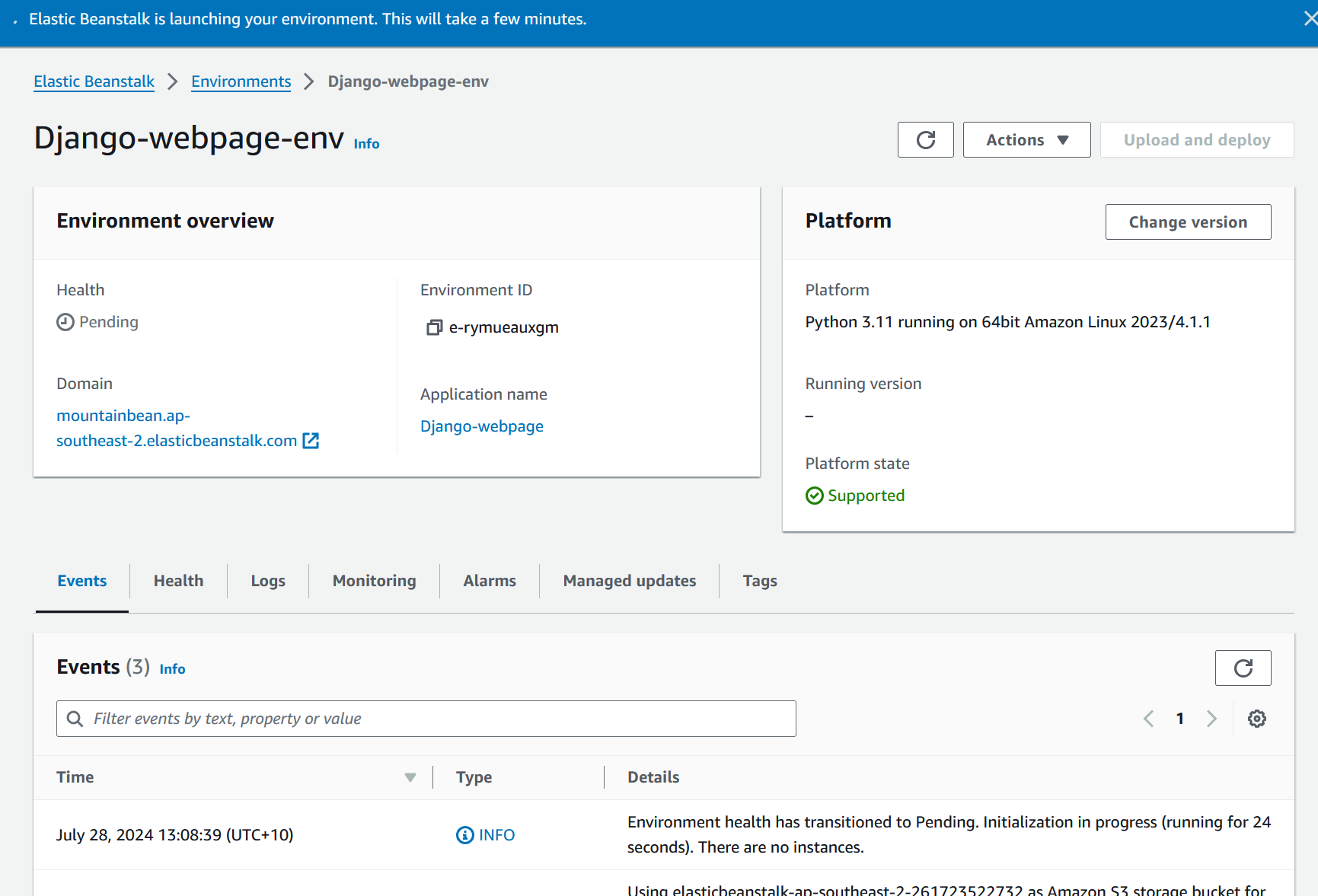 My Django website's Elastic Beanstalk environment overview