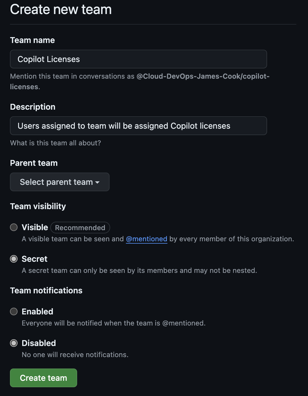 Create new team window with copilot populated details