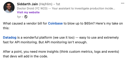 Read my Linkedin post on how Coinbase spent $65M on Datadog