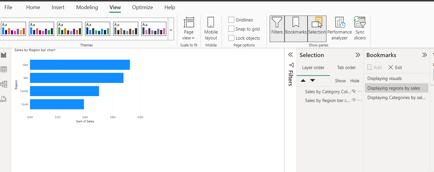 Here I choose to display regions by sales visual as named by me. Made possible by the selection feature