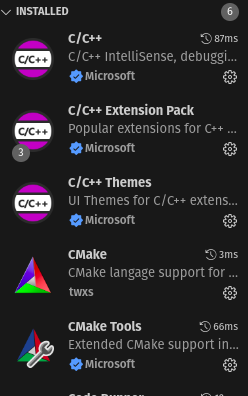 C/C++ ,C/C++ Extension Pack ,CMake ,CMake Tools 