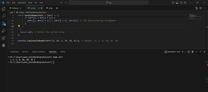 The result of running a sort function in a VS Code terminal