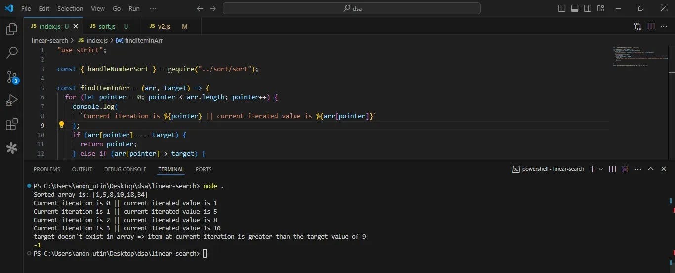 Logging the result of running the linear search function in the terminal