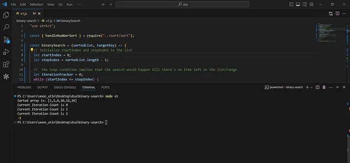 Logging the result of running the binary search function in the terminal