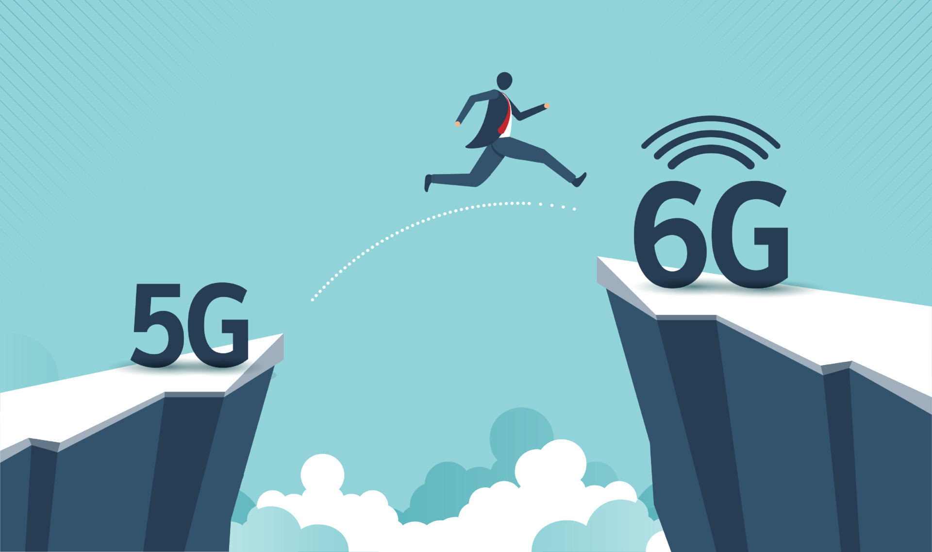 A person in a suit is leaping from a cliff labeled "5G" to another cliff labeled "6G" against a sky background.