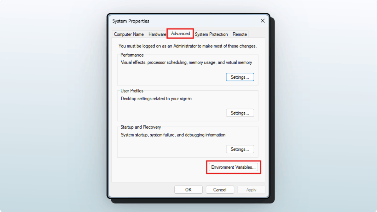 Advanced tab of System Properties panel