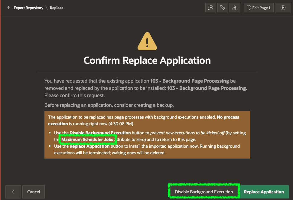 Oracle APEX Message when importing an App that has a background page process.