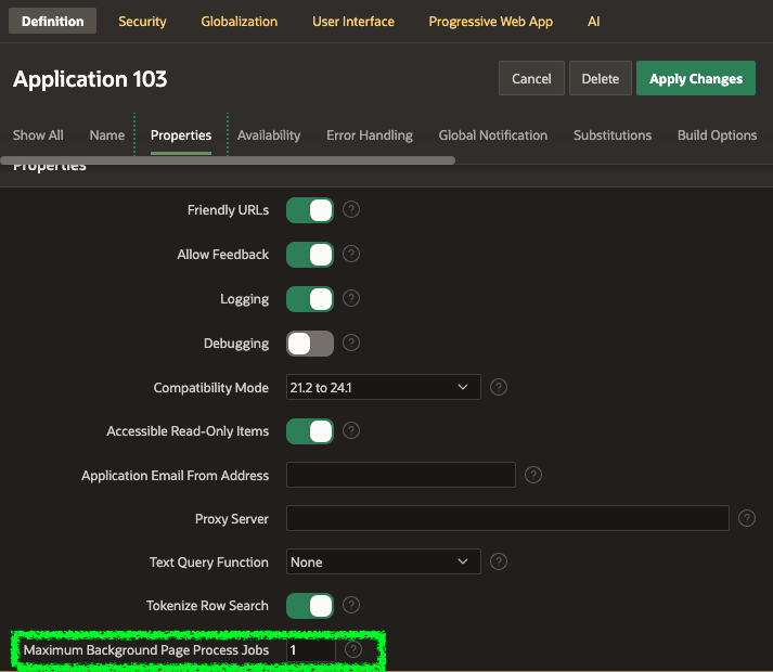 Screenshot showing the Application Level Setting Maximum Background Page Process Jobs