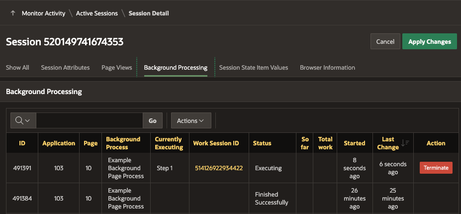 Viewing background page processes for an APEX Session