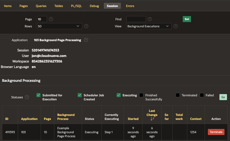 Viewing background page processes from the APEX Builder toolbar