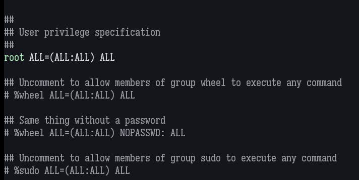 user privilege specification in the sudoers file