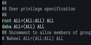 Specifying the user privilege of the new user in the sudoers file