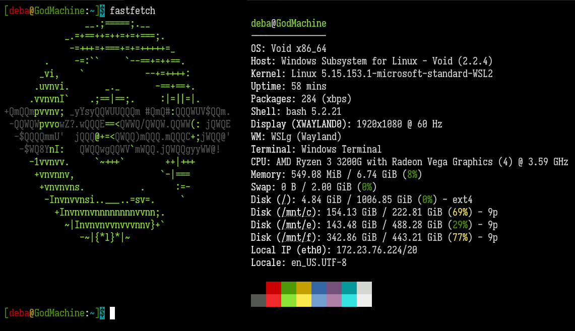 Voidlinux WSL set up with a fancy colorful prompt string