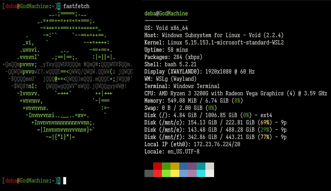 Voidlinux WSL set up with a fancy colorful prompt string