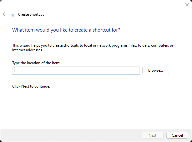 Typing in the given input area, the command/location of the file/process we are creating a desktop shortcut for