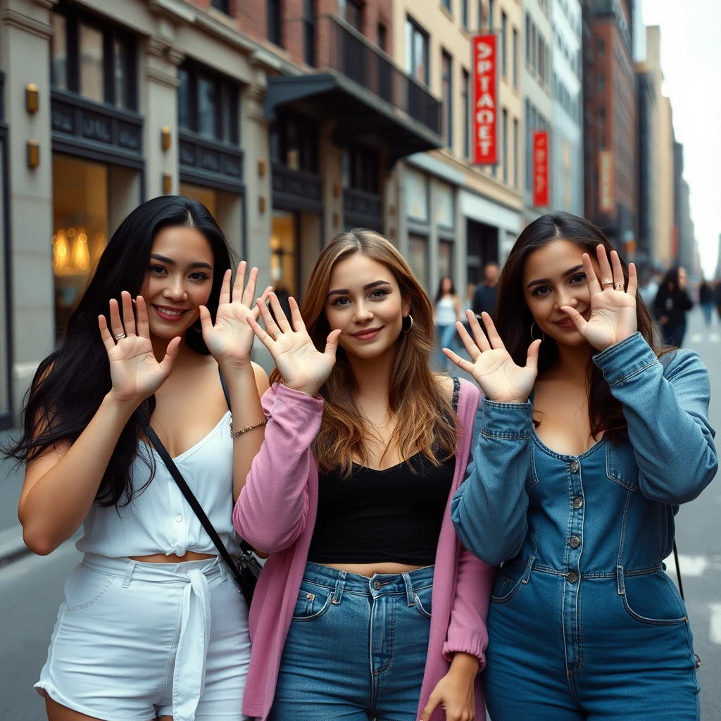 filmic photo of a group of three women on a street downtown, they are holding their hands up the camera