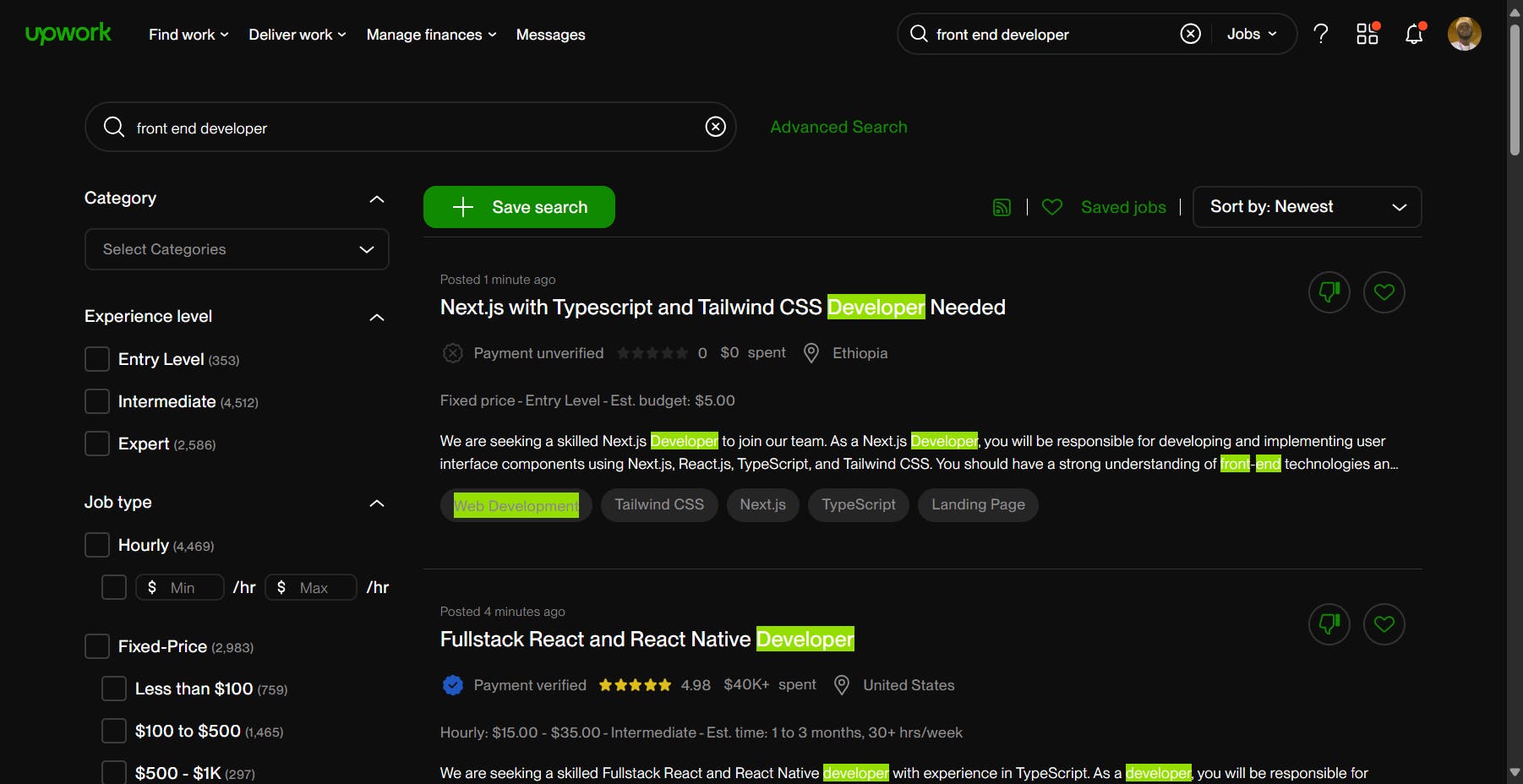 Screenshot of the Upwork job search page for "front end developer". The page lists job postings with filters on the left-hand side, including categories for experience level and job type. The first job listing is for a "Next.js with Typescript and Tailwind CSS Developer Needed" in Ethiopia, and the second is for a "Fullstack React and React Native Developer" in the United States. Key terms such as "developer" and "front-end" are highlighted in yellow.