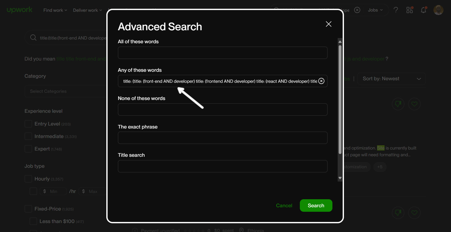 A screenshot of Upwork's Advanced Search screen is displayed. A white arrow is pointing to the "Any of these words" field, where multiple search terms for job titles are entered, including "title: (front-end AND developer)", "title: (frontend AND developer)", and "title: (react AND developer)".