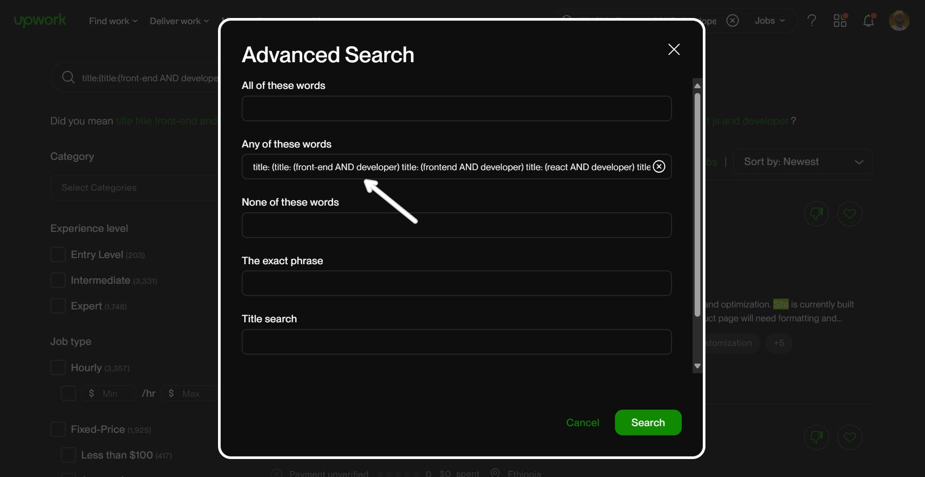 A screenshot of Upwork's Advanced Search screen is displayed. A white arrow is pointing to the "Any of these words" field, where multiple search terms for job titles are entered, including "title: (front-end AND developer)", "title: (frontend AND developer)", and "title: (react AND developer)".