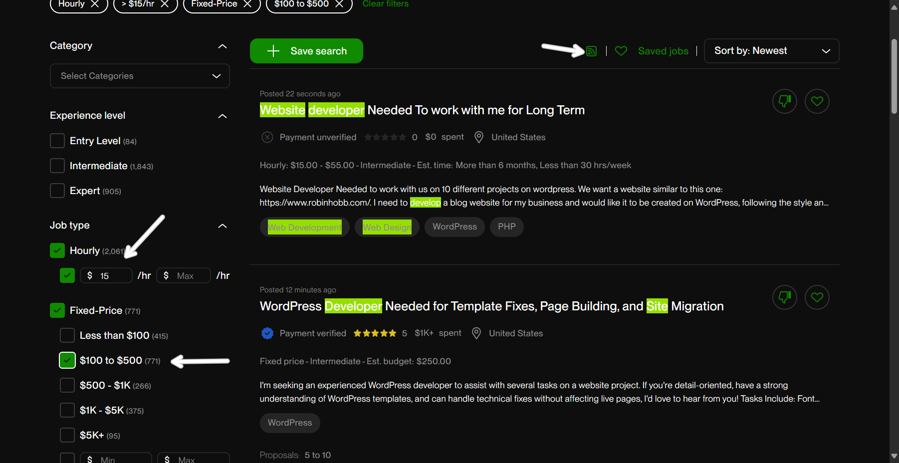 screenshot of the upwork jobs page showing postings for web developers. Filters are applied for hourly job types with a minimum rate of $15 per hour, and fixed-price projects with a budget range of $100 to $500. A white arrow points at the RSS feed button.