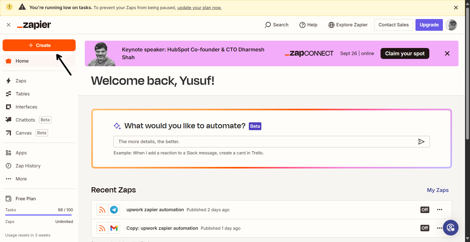 Screenshot of the Zapier dashboard. The top banner reads "You're running low on tasks. To prevent your Zaps from being paused, update your plan now." Below, an orange "+ Create" button is highlighted.