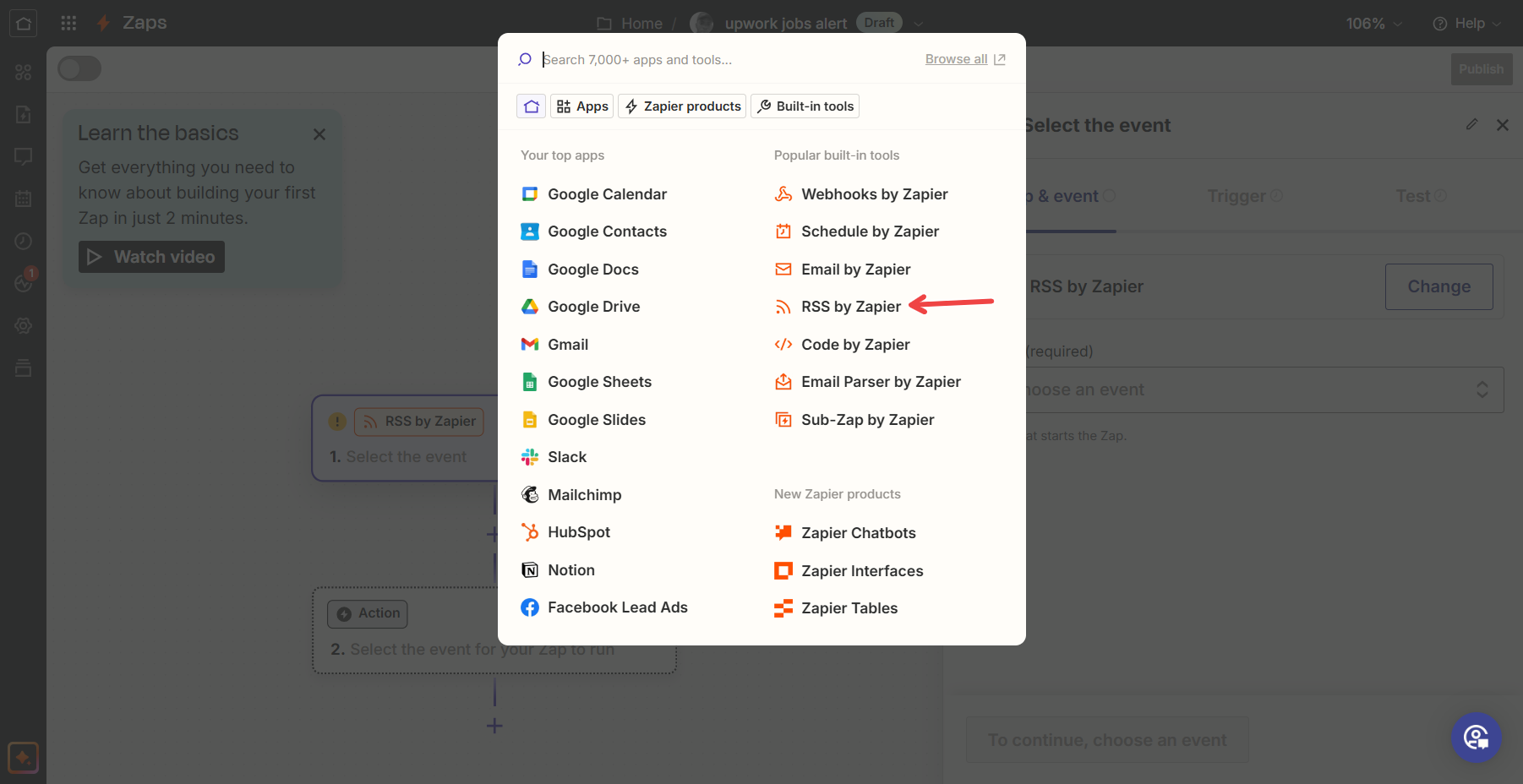 A Zapier interface showing a list of apps and tools. "RSS by Zapier" is highlighted with a red arrow.