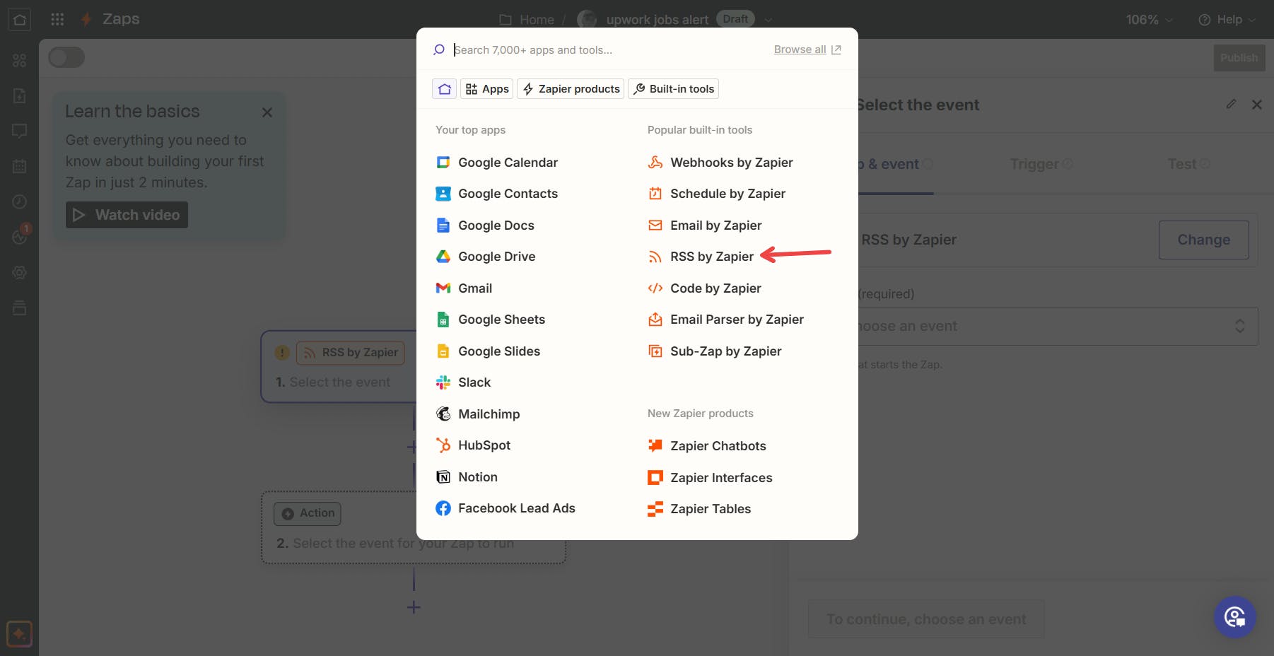 A Zapier interface showing a list of apps and tools. "RSS by Zapier" is highlighted with a red arrow.