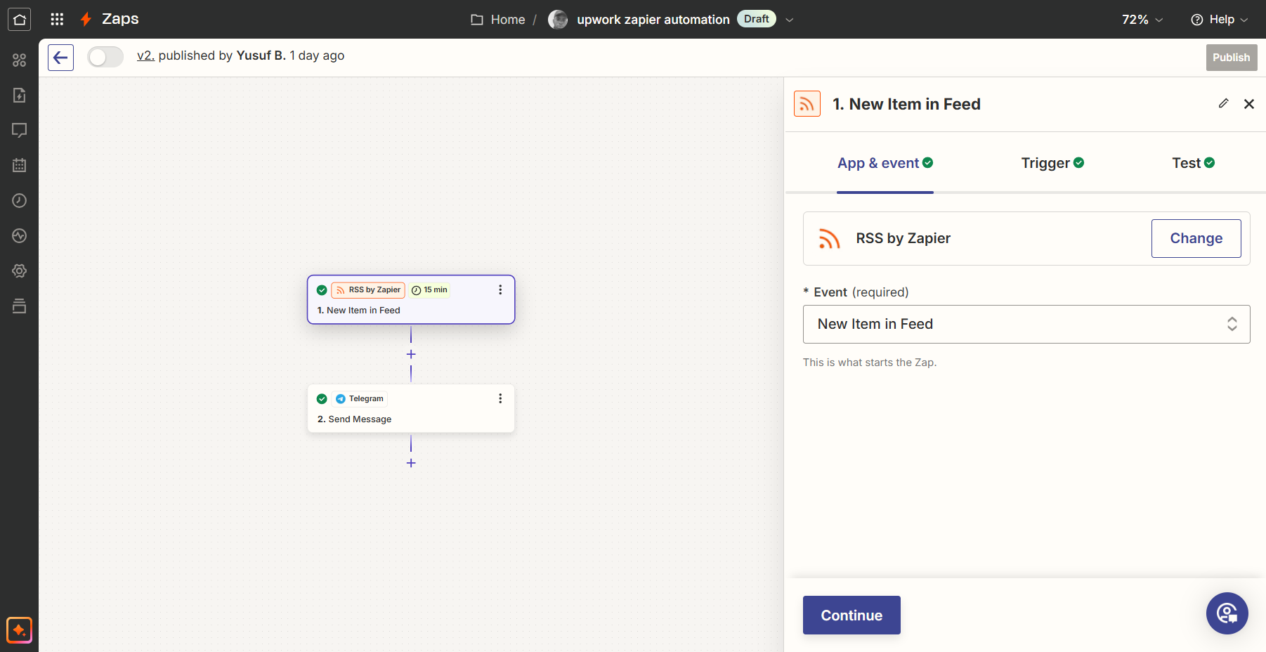 Screenshot of the Zapier interface showing an automation (Zap) setup. The automation is titled "New Item in Feed" and involves two steps: "New Item in Feed" using RSS by Zapier and "Send Message" using Telegram. The automation is published and labeled as version 2, with a last update indicated as "1 day ago" by Yusuf B. The right-hand panel displays configuration options for the "New Item in Feed" trigger, with an option to change the event.