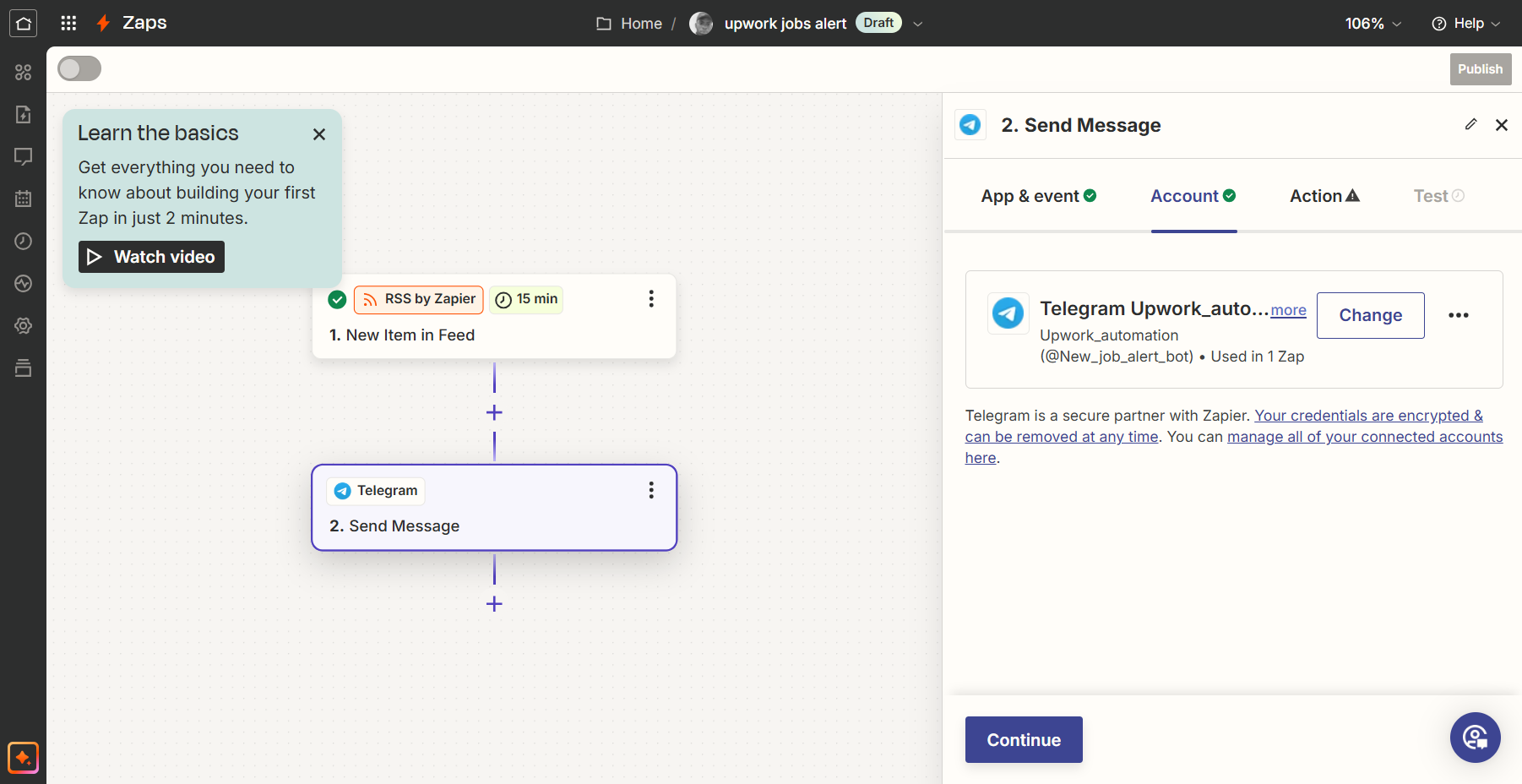 Screenshot of Zapier interface creating an automation. The sequence is "RSS by Zapier" for a new item in the feed, followed by "Telegram" to send a message. A message on the side offers to watch a video on building a Zap. The job is titled "Upwork jobs alert" and is in draft status.