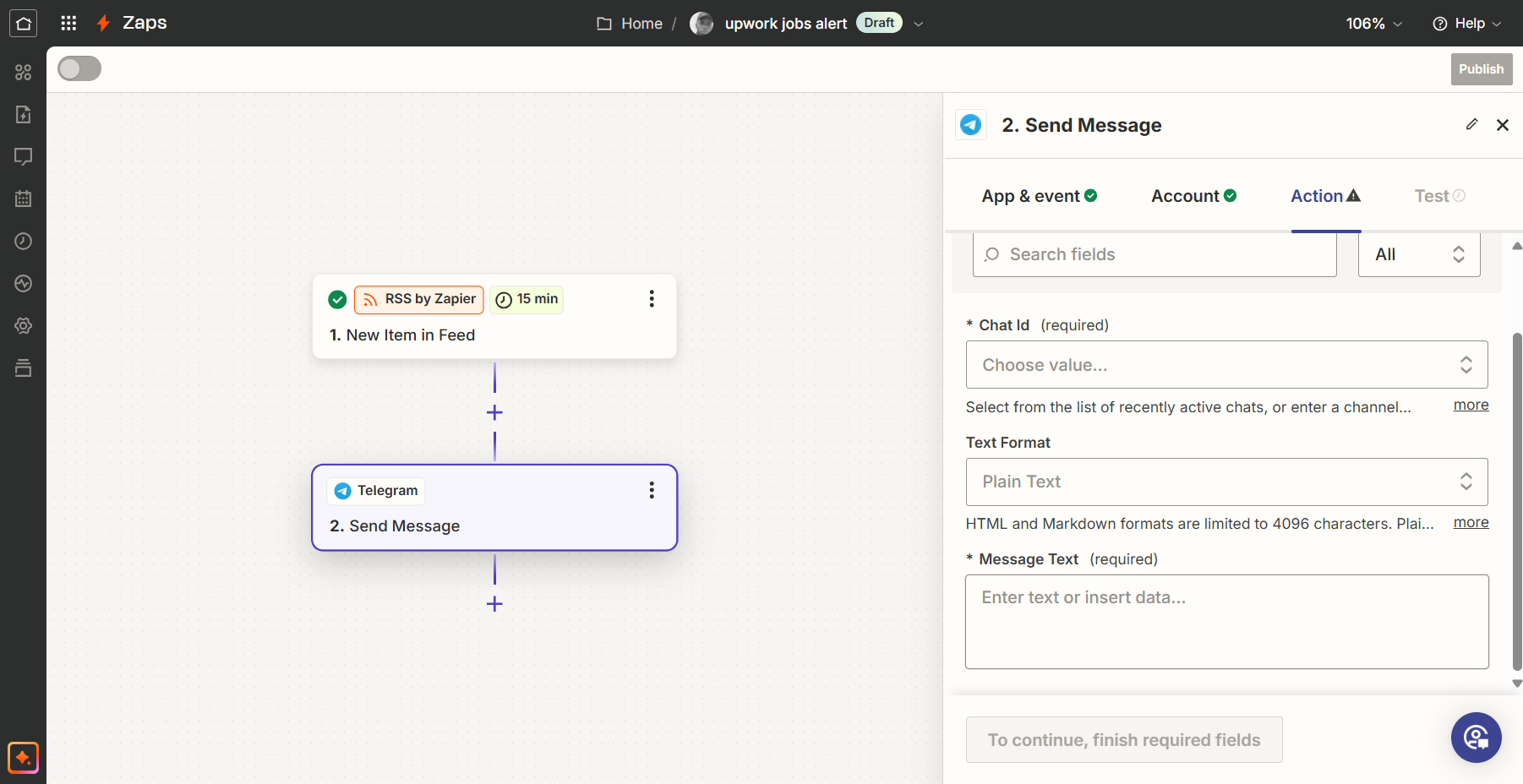 Screenshot of the Zapier interface showing a draft automation named "upwork jobs alert." The workflow includes two steps: first, an RSS feed trigger, and second, a Telegram action to send a message. The configuration panel for the Telegram step is open on the right.