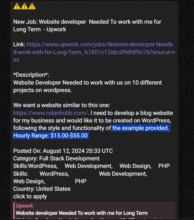 Screenshot of a telegram  message with a job posting for a long-term website developer on Upwork.