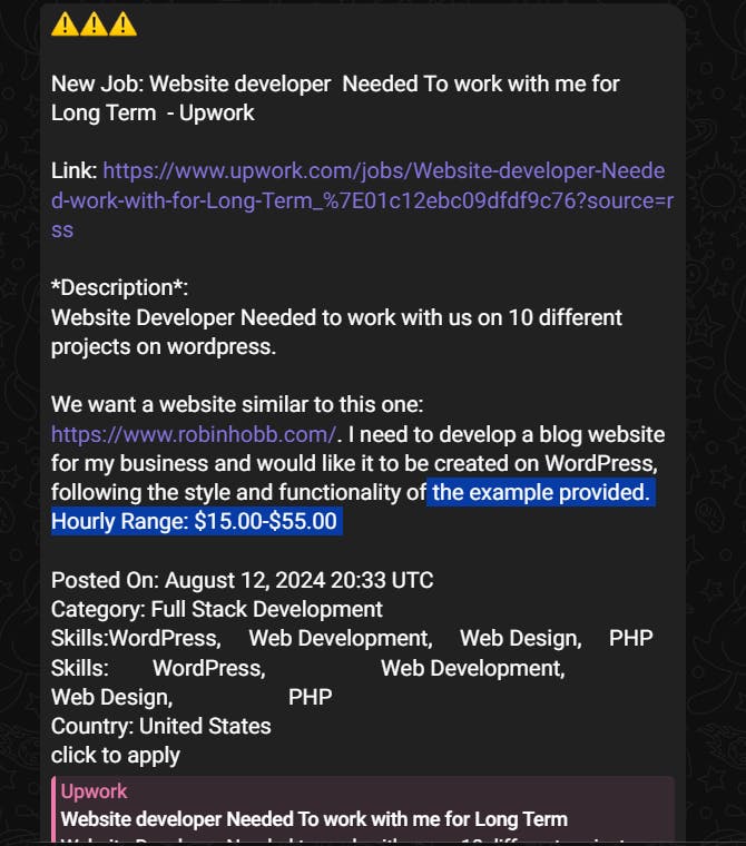 Screenshot of a telegram  message with a job posting for a long-term website developer on Upwork.